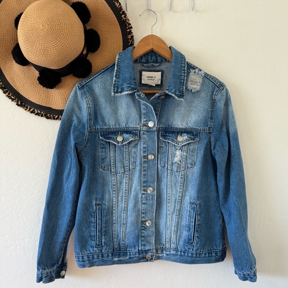 Forever 21 J’adore Le Rock N’ Roll Distressed Blue Denim Jean Jacket Small - Picture 2 of 13